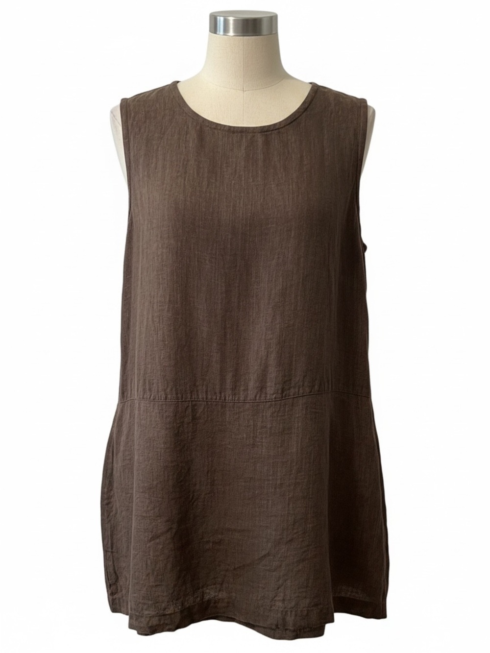 Bryn Walker 100% Linen Sleeveless Tunic Dress Brown High Slit Made in USA M